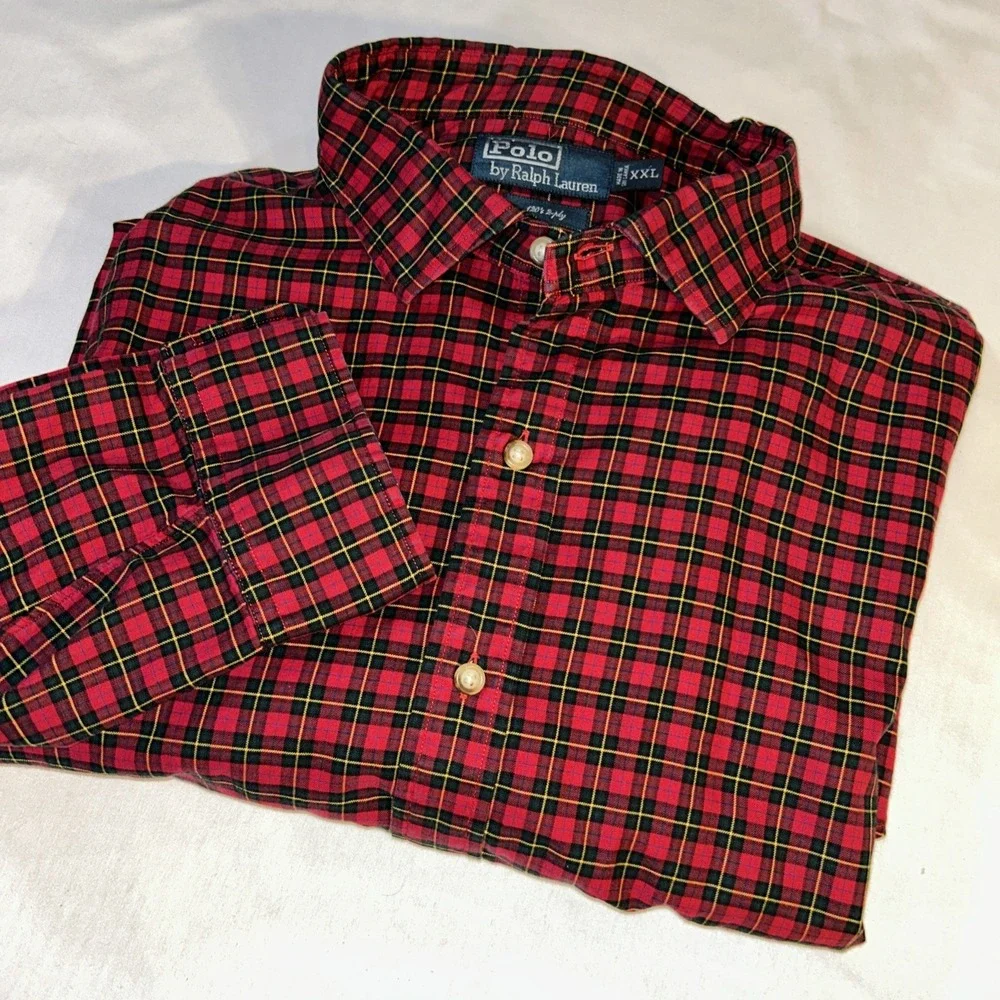 Ralph Lauren Shirt‎ Men Red Black Plaid Button Up Long Sleeve Polo Logo Sz XXL